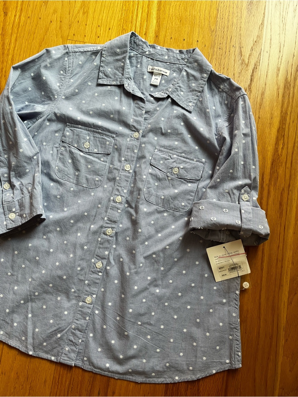 NWT Croft&Barrow Blue Polka Dot 3/4 sleeve Button-Down Shirt Cotton Petite Med